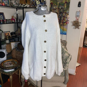 Women's home made White Cardigan with Gold floral Buttons, Size L